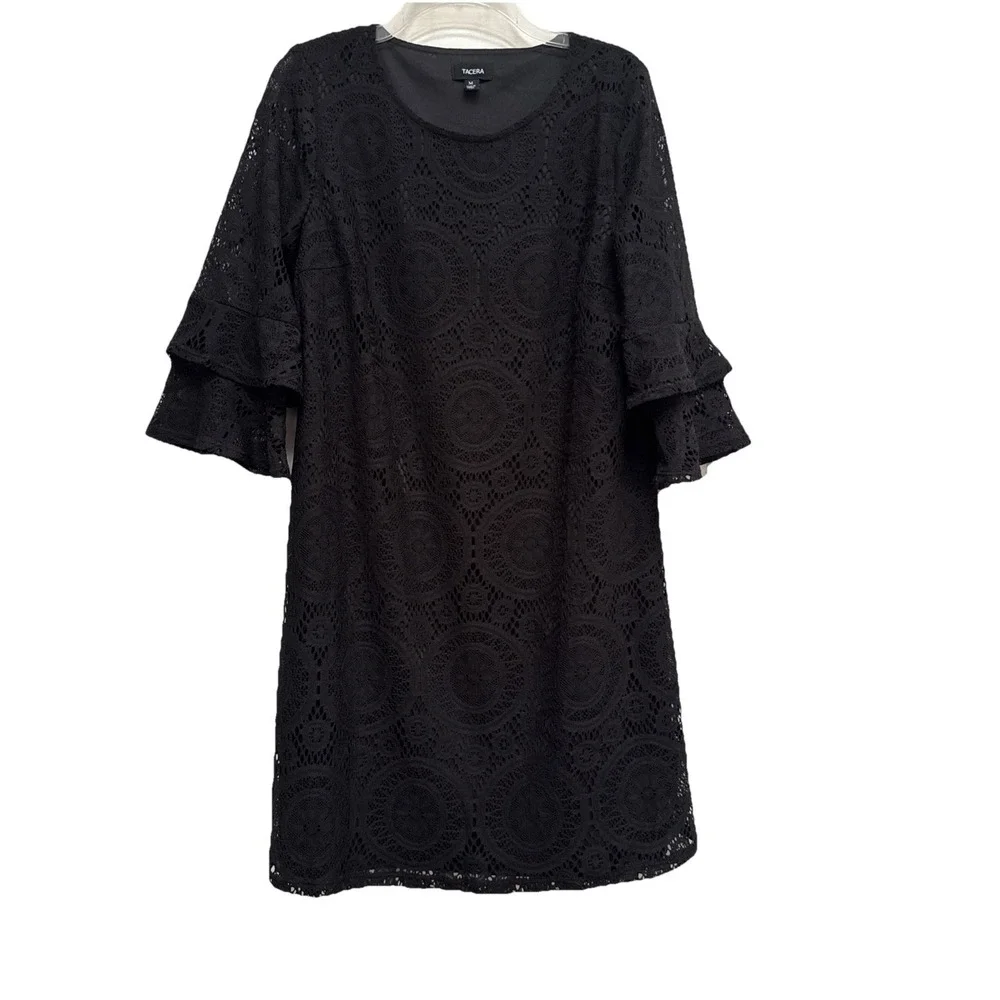 Tacera Women‎ Size M 3/4 Ruffled Bell Sleeve Black Floral Lace Shift Mini Dress